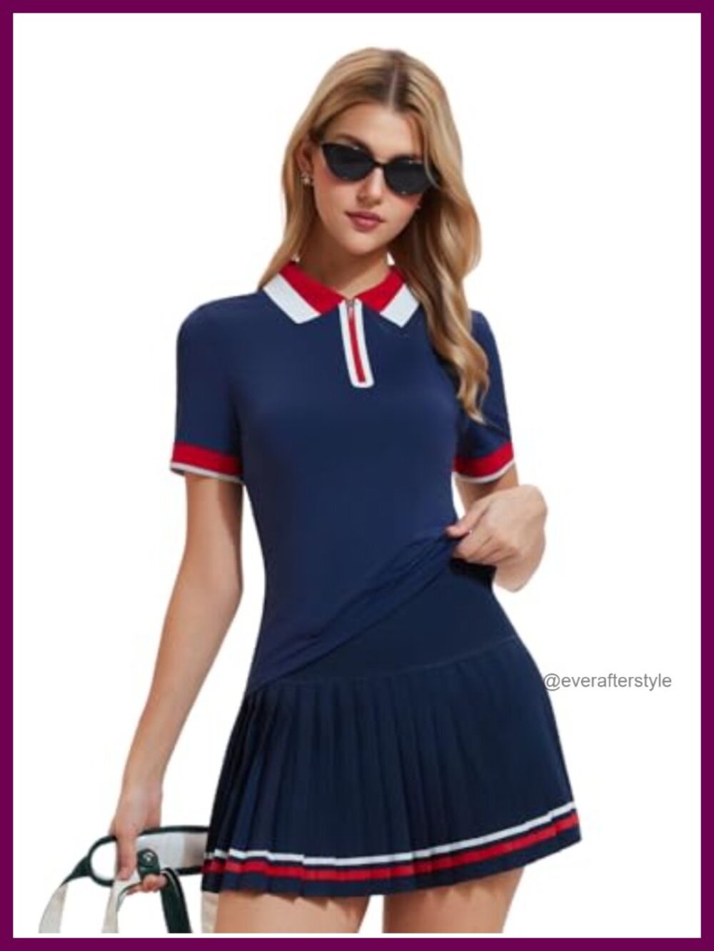 Women's 2-Piece Tennis Skirt Set Polo V-Neck Top & High-Waisted Pleated Skirt